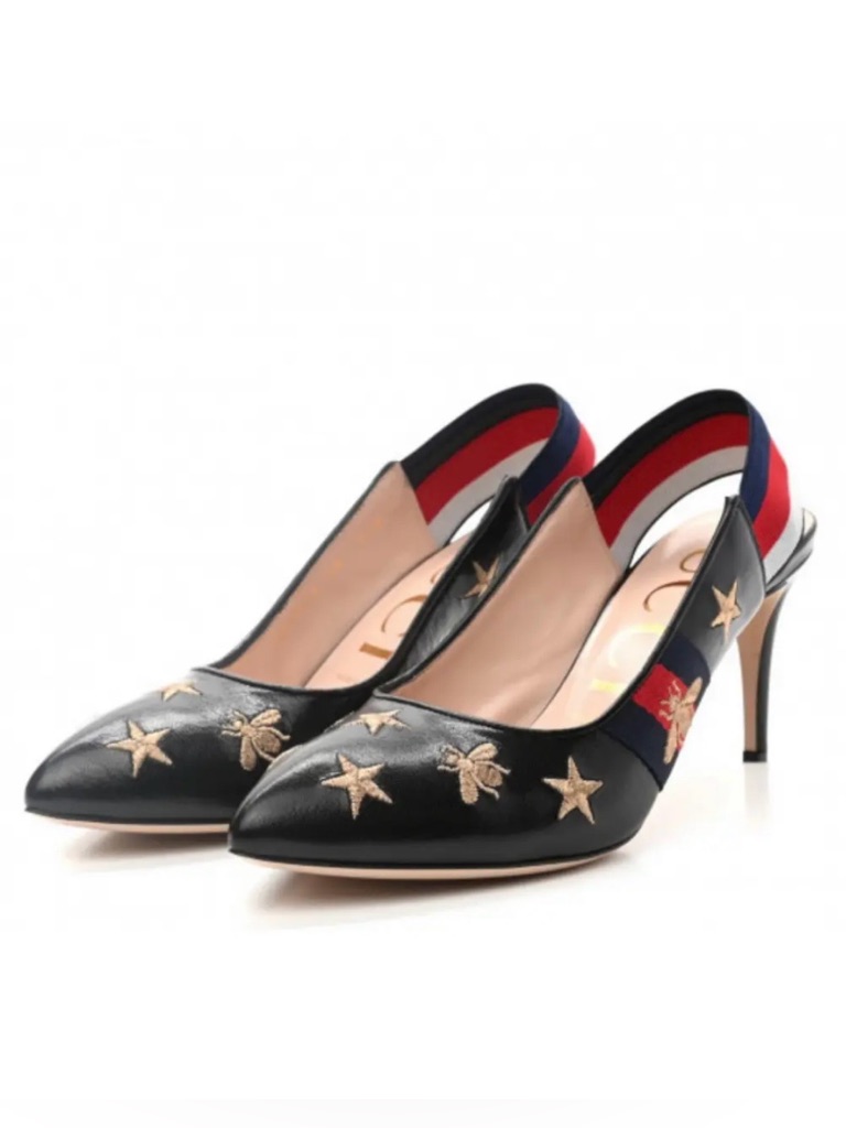 Gucci Black Embroidered Star & Bee Slingback Pumps With Red & Blue Detail